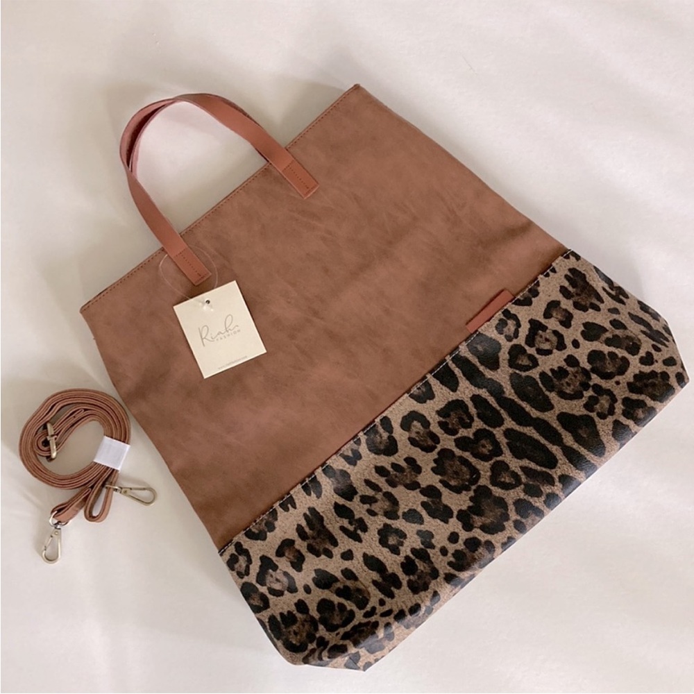 Brown Faux Leather with Leopard Print Tote - Picture 7 of 13